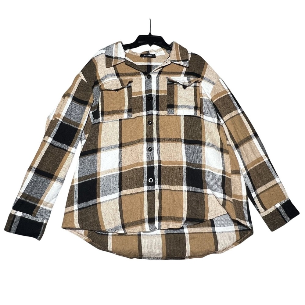 Automet Women's Brown Plaid Button Front Long Sleeve Flannel Shacket Top Size M